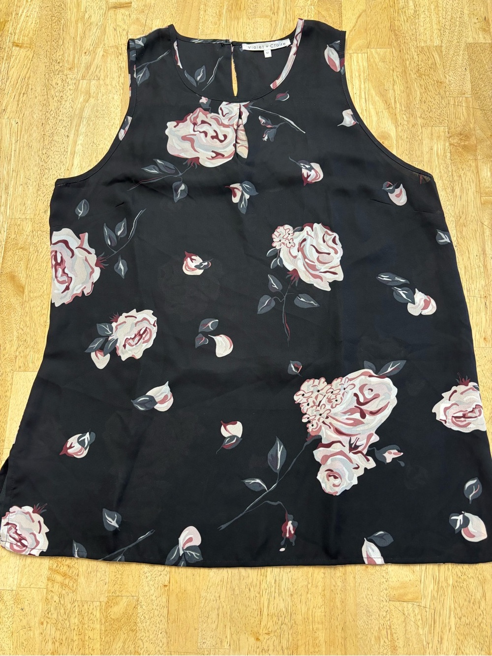 Violet & Claire Black Floral Sleeveless Blouse w/Pink Rose Print & Side Slits